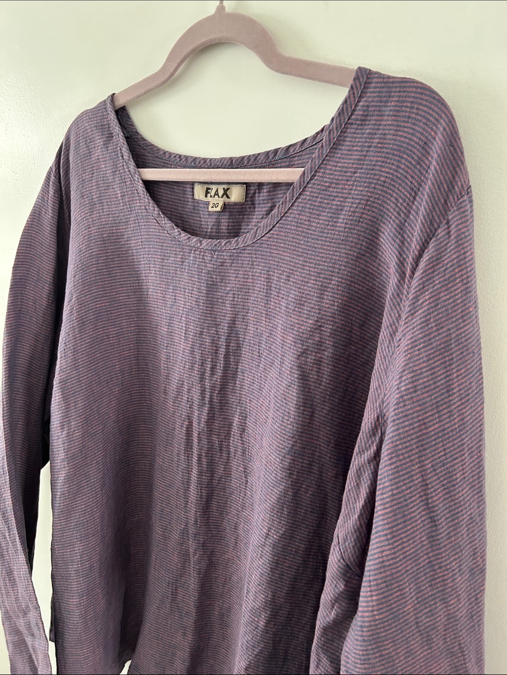 Flax Lavender Stripe Long-Sleeve Top Oversized Lagenlook Linen Coastal Popover - Picture 12 of 15
